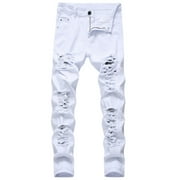 SSAAVKUY Men's Casual Cotton Straight Ripped Hole Trousers Jeans Pants Full Length Pants Outwear Athletic Trousers White L